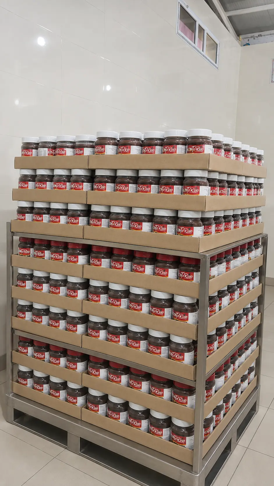 Finished chocolate jars arranged in the factory