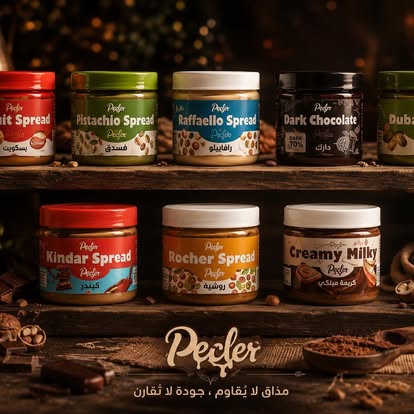 A group of Pecder chocolate spread flavours displayed together