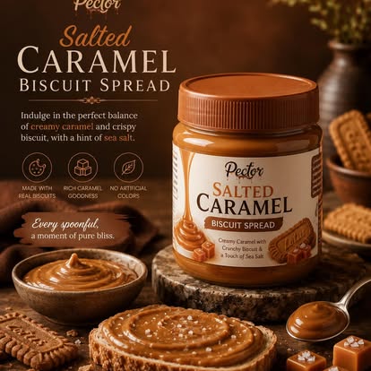 Pecder salted caramel biscuit spread in a campaign image