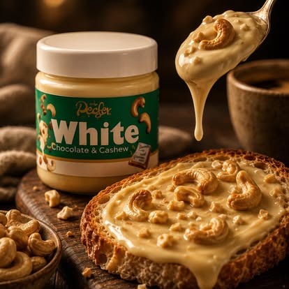 Pecder white chocolate and cashew spread in a styled product scene
